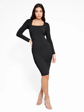 Popilush Shapewear Size XS Long Sleeve Square Neck Modal Slimming Midi Dress NWT